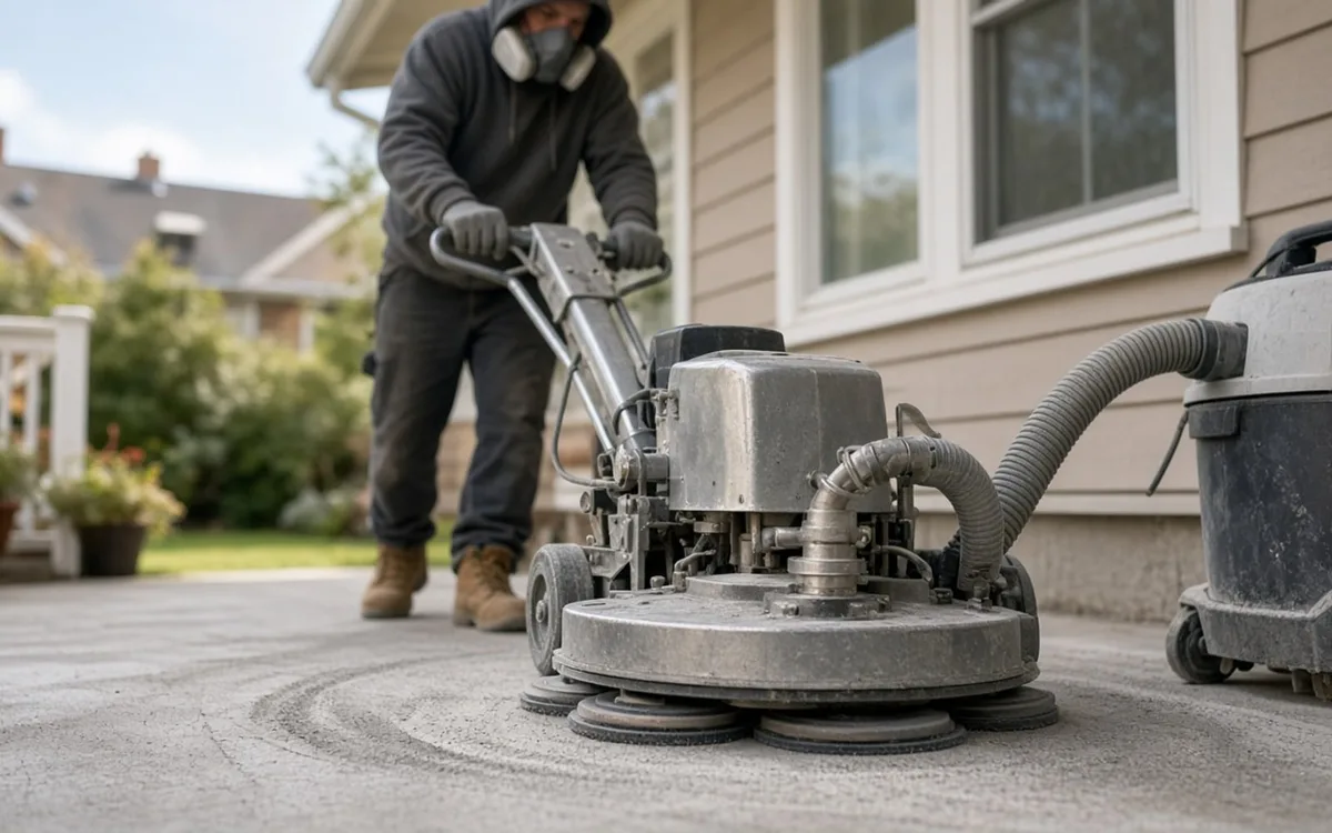 Worker in a respirator guiding a walk-behind concrete grinder with a vacuum hose across an outdoor slab beside a house