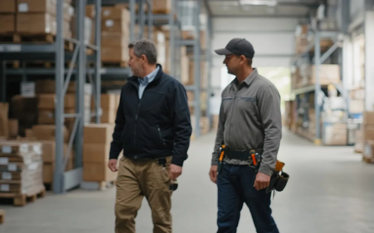 Two men, one wearing a tool belt, walking the sealed concrete floor of a warehouse lined with pallet racks and boxes