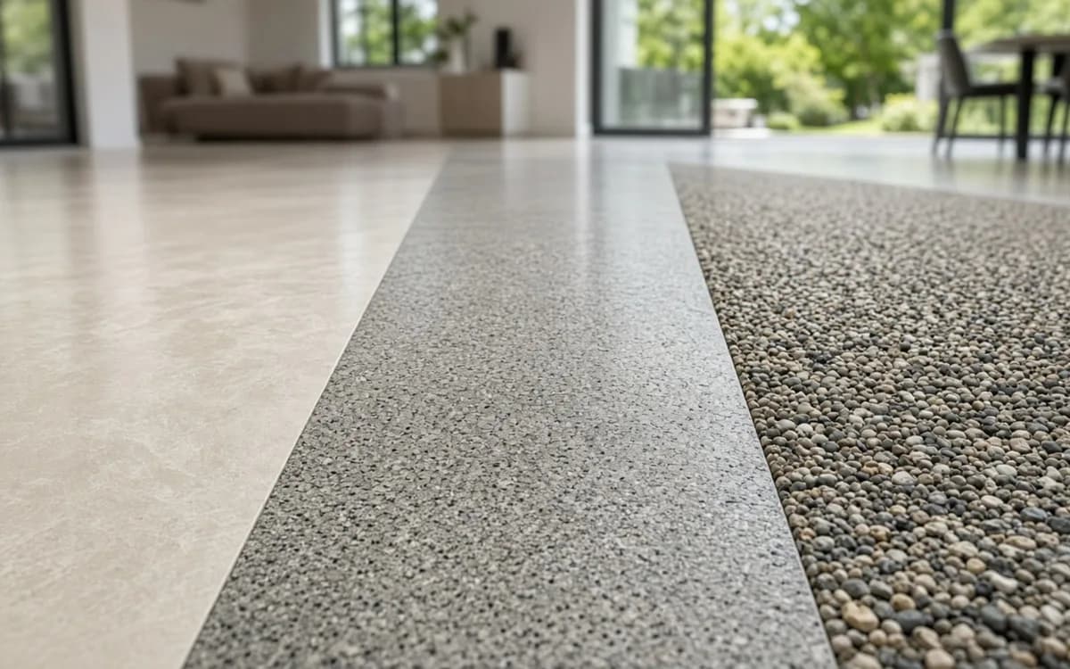 Floor strips side by side showing smooth cream concrete, salt-and-pepper polished finish and fully exposed pebble aggregate