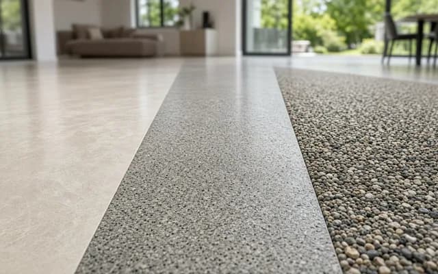 Floor strips side by side showing smooth cream concrete, salt-and-pepper polished finish and fully exposed pebble aggregate