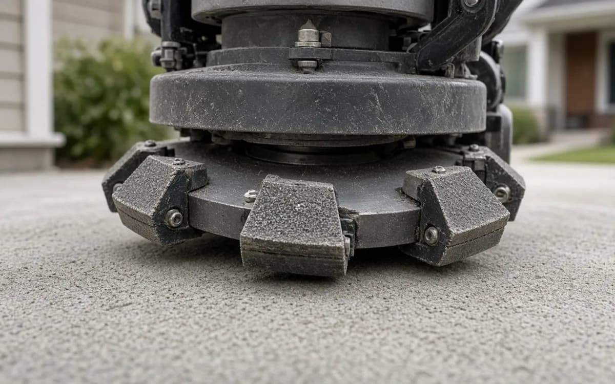 Low close-up of a grinder head with bolted diamond segment blocks resting on a rough grey concrete driveway