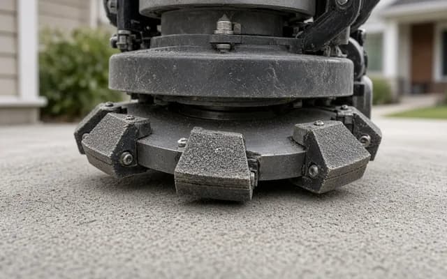 Low close-up of a grinder head with bolted diamond segment blocks resting on a rough grey concrete driveway