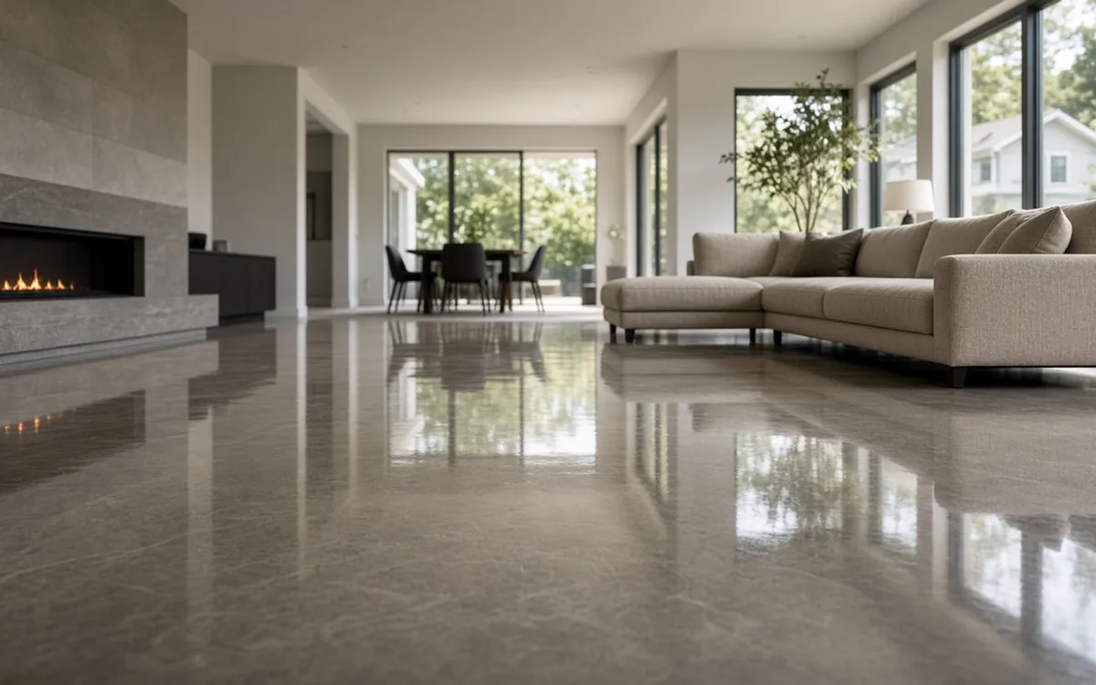 Mirror-gloss taupe polished concrete floor reflecting a linear gas fireplace, sectional sofa and tall windows