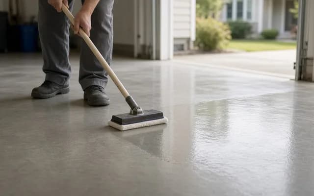 Person spreading clear sealer with a pad applicator across a grey garage floor, wet sheen visible near the open door