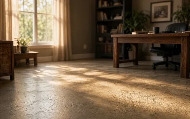 Mottled amber-brown stained concrete floor in warm window light in a home office with a wooden desk and bookshelf