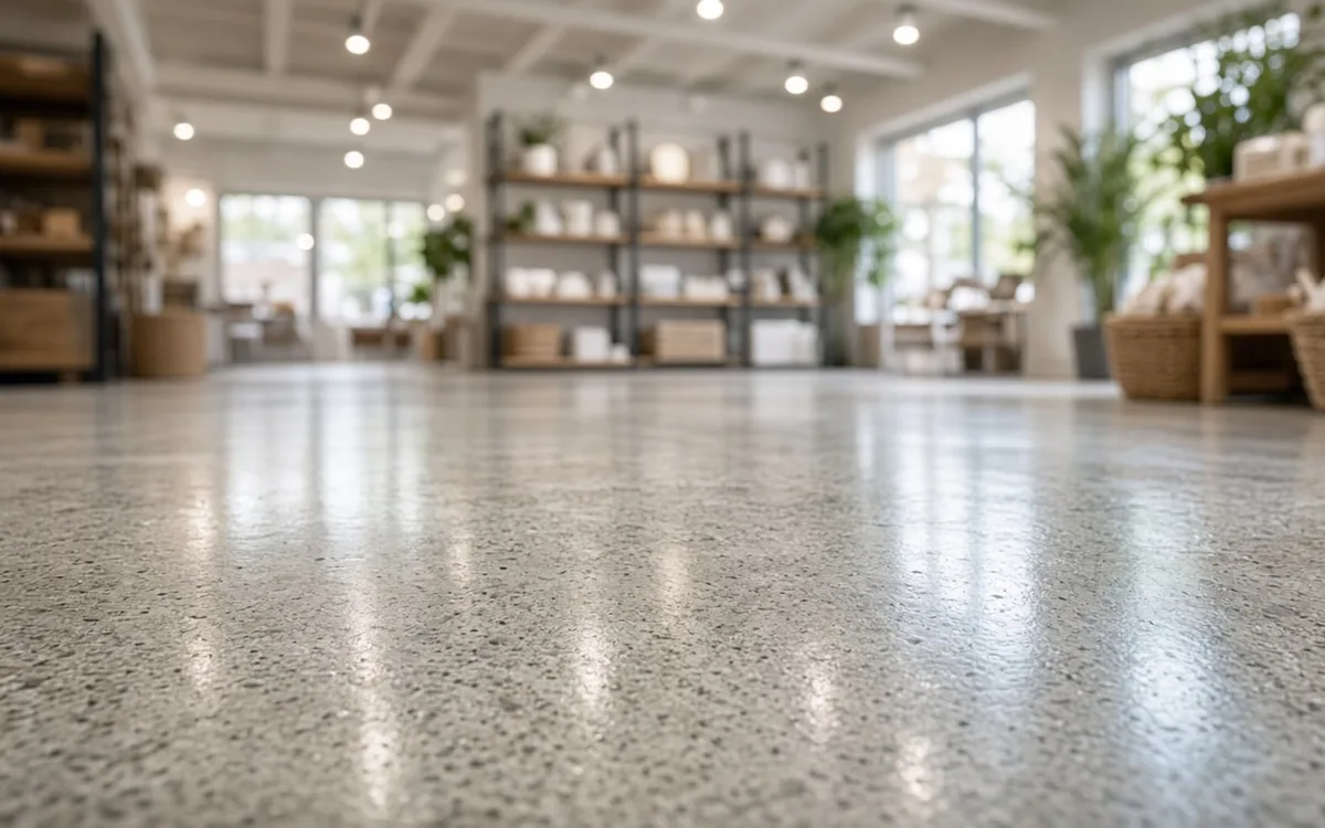 Low-angle view of a glossy salt-and-pepper polished concrete floor in a bright shop with shelving and potted plants