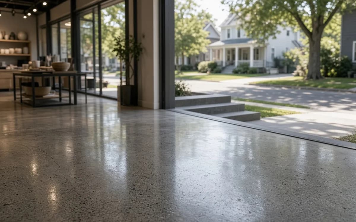 Glossy polished concrete floor of a storefront with open glass doors looking out onto a leafy residential street