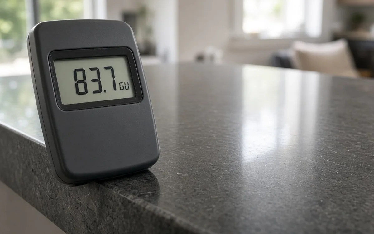 Handheld gloss meter showing a 83.7 GU reading on a speckled dark stone countertop edge