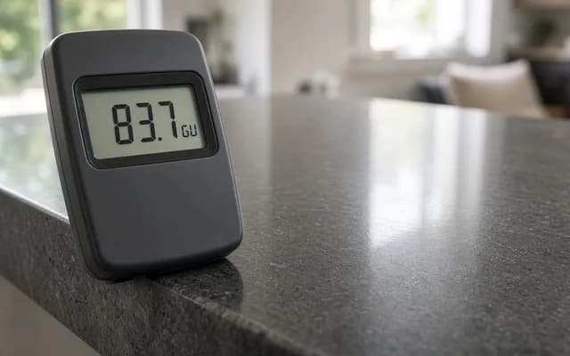 Handheld gloss meter showing a 83.7 GU reading on a speckled dark stone countertop edge