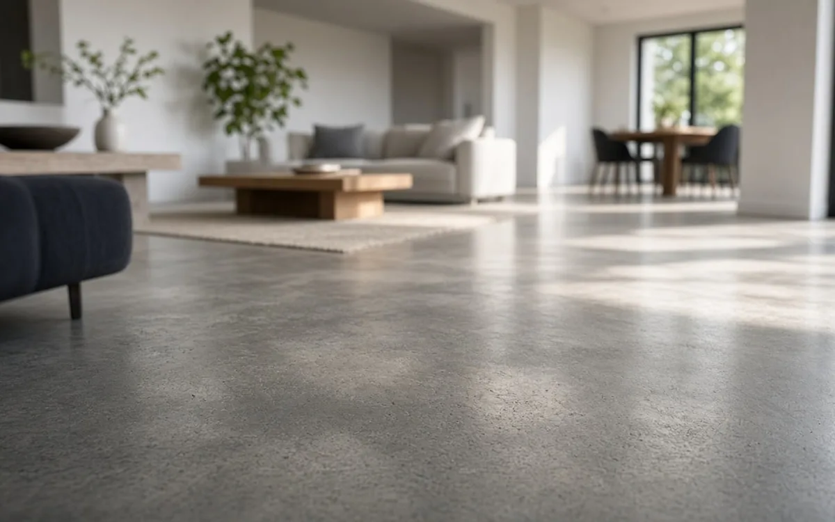 Matte grey honed concrete floor with soft mottling in a living room with a white sofa, wood coffee table and dining set