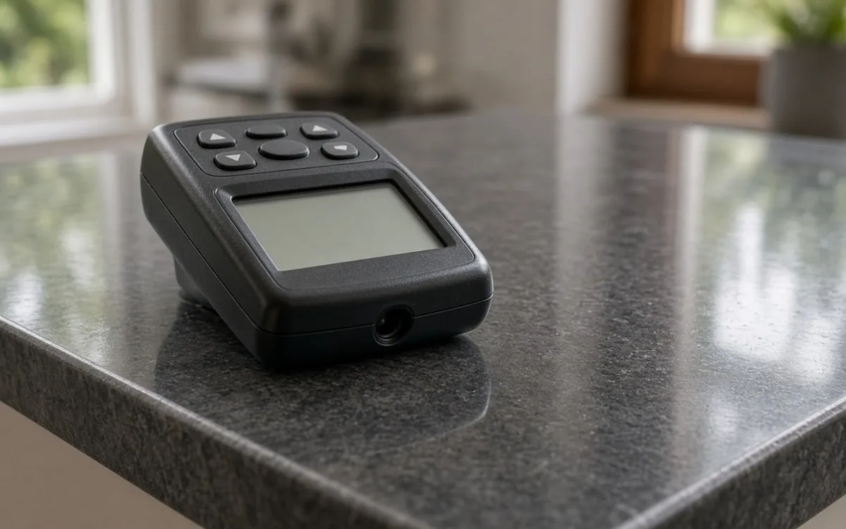 Black handheld meter with a blank screen and arrow buttons sitting on a polished dark granite countertop