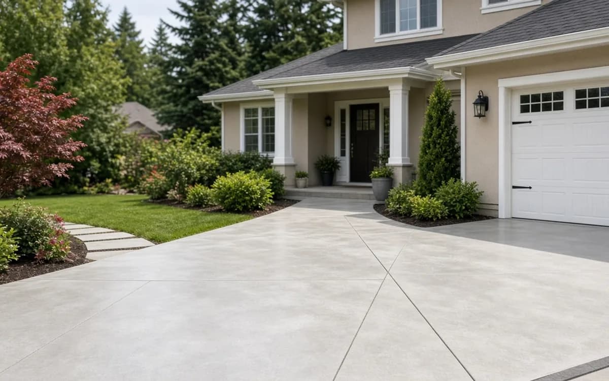 Straightedge laid across a basement slab showing a gap at a low spot next to a freshly poured self-leveling overlay