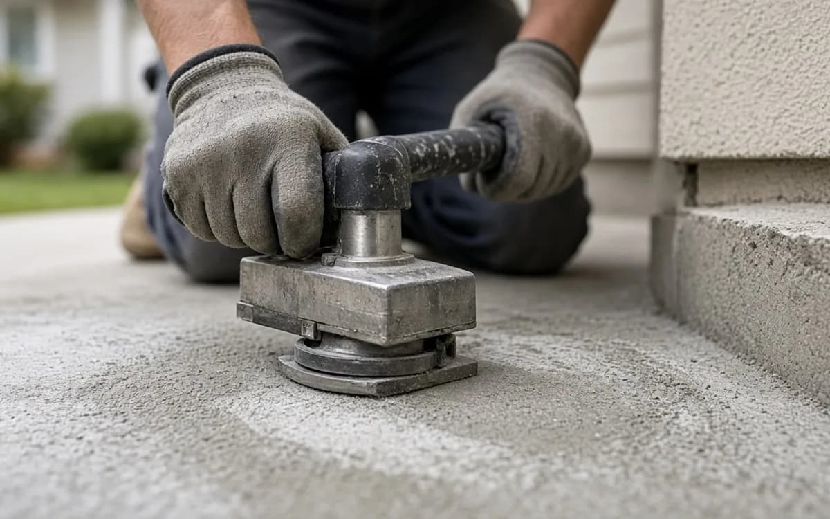 Gloved hands pressing a small handheld grinding block on dusty concrete near the base of an exterior step