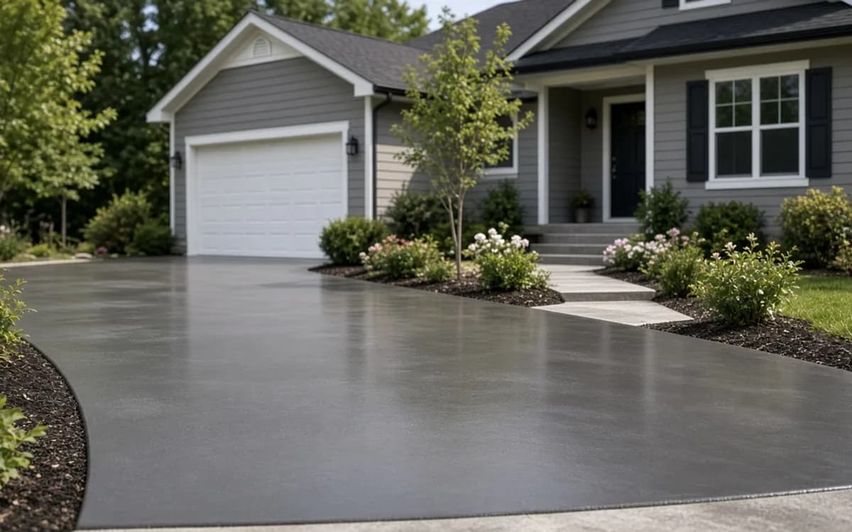 Freshly sealed dark grey concrete driveway with a wet-look sheen curving up to a grey house with a white garage