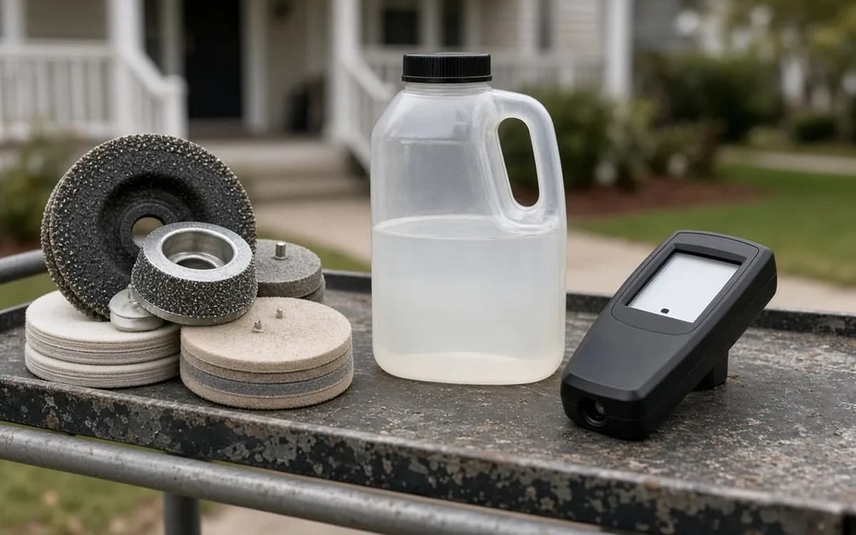 Diamond grinding discs and polishing pads, a jug of clear liquid and a handheld meter on a metal cart outdoors