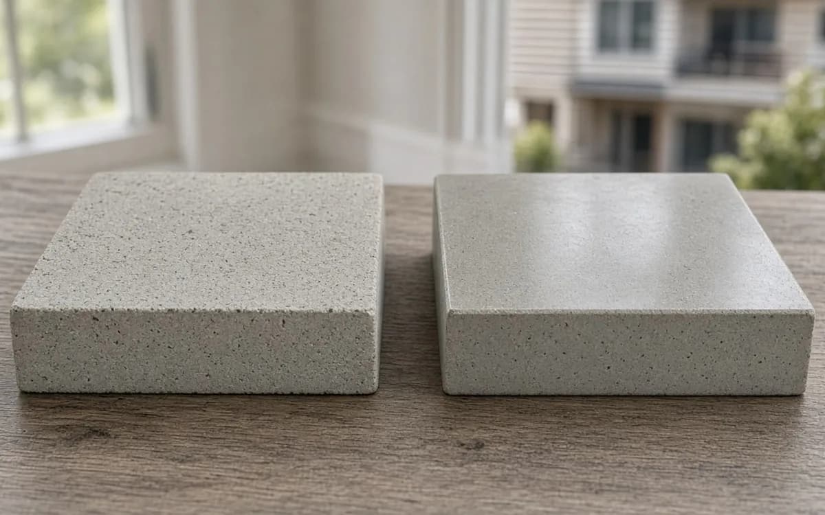 Two grey concrete sample blocks on a wood table, one rough and speckled and one smooth with a light sheen