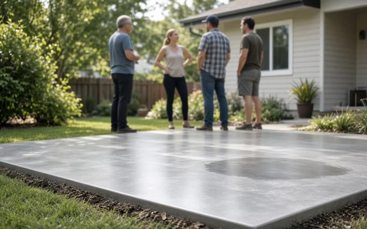 Four adults talking in a backyard beyond a smooth sealed concrete patio slab edged by grass