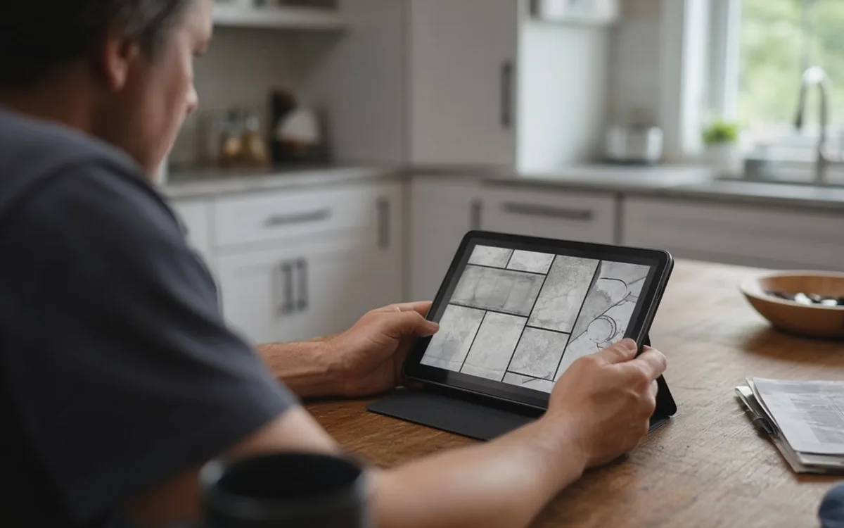 Person at a kitchen table viewing a grid of grey concrete floor swatches on a tablet